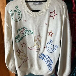 Cream Sweater with Embroidered Western Designs